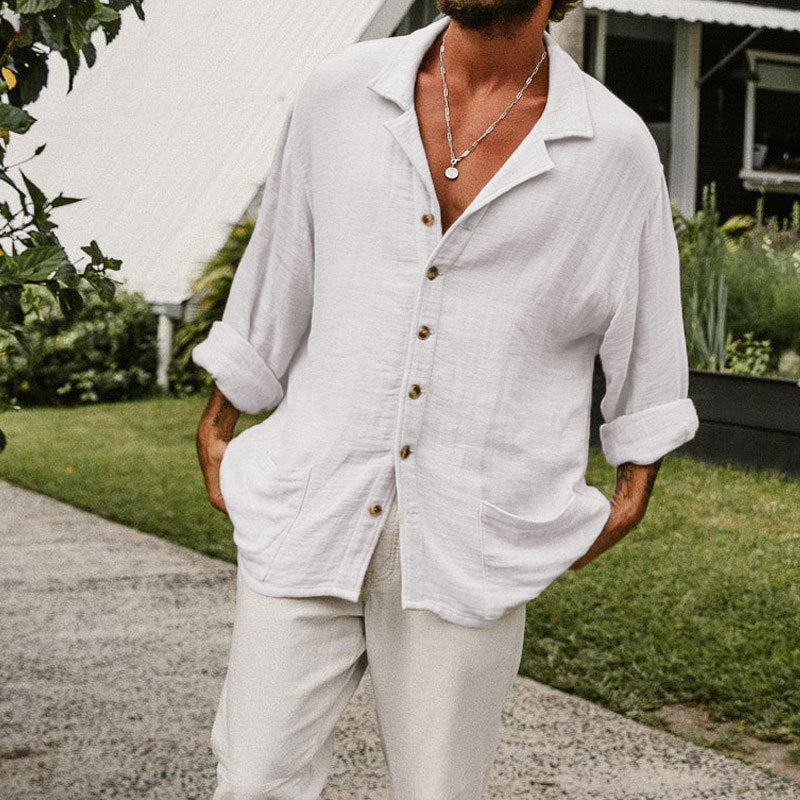 Herr Långärmad Button-Up Skjorta för Avslappnad Stil