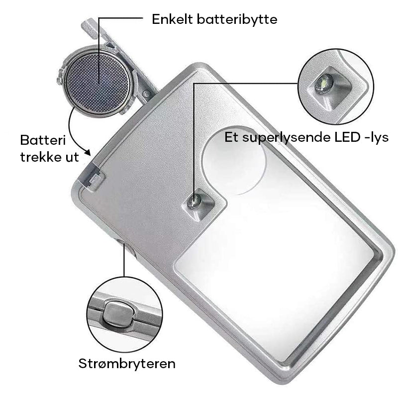 LED Forstörrelsesglass med Kortform för Enkel Lesing