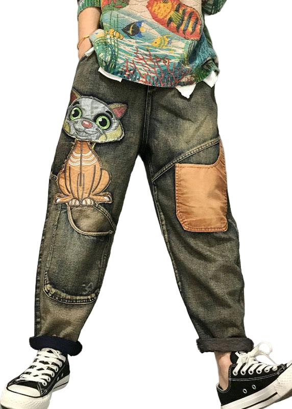 Dam Lekne Harem Jeans med Unikt Kattbroderi