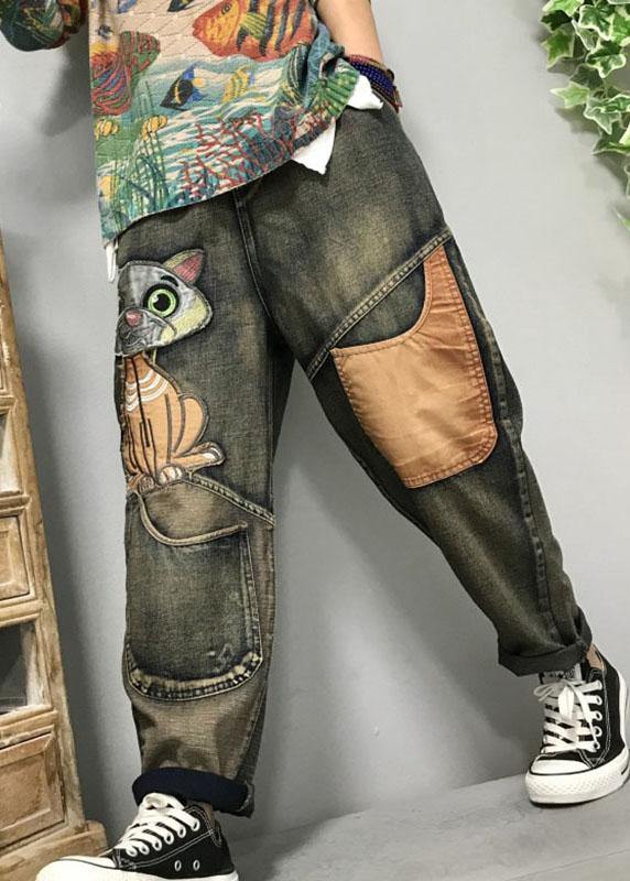 Dam Lekne Harem Jeans med Unikt Kattbroderi