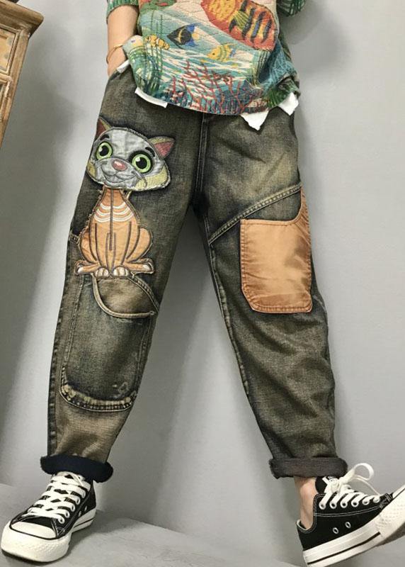 Dam Lekne Harem Jeans med Unikt Kattbroderi