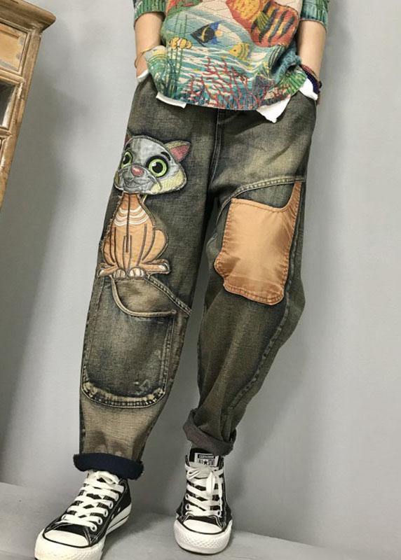 Dam Lekne Harem Jeans med Unikt Kattbroderi