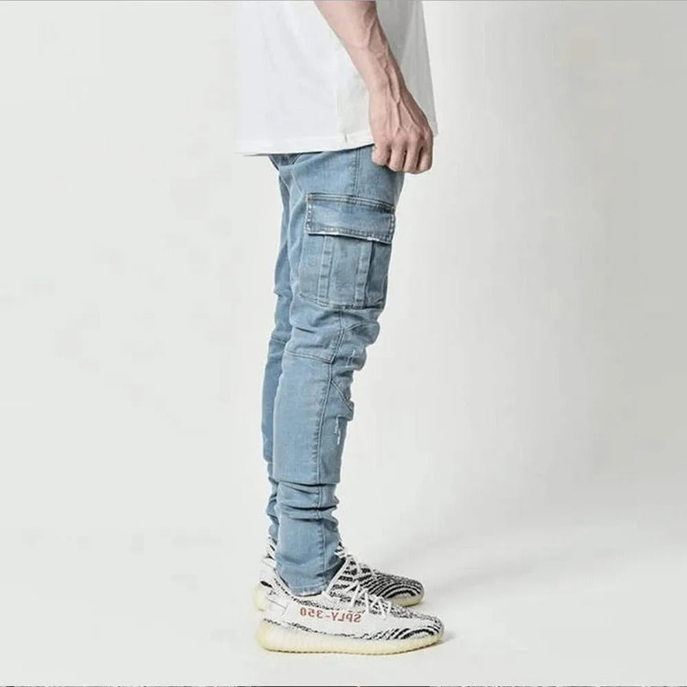 Herr Elastiska Cargo Jeans med Flera Fickor
