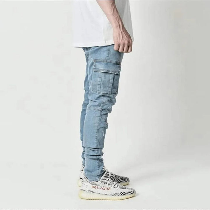 Herr Elastiska Cargo Jeans med Flera Fickor