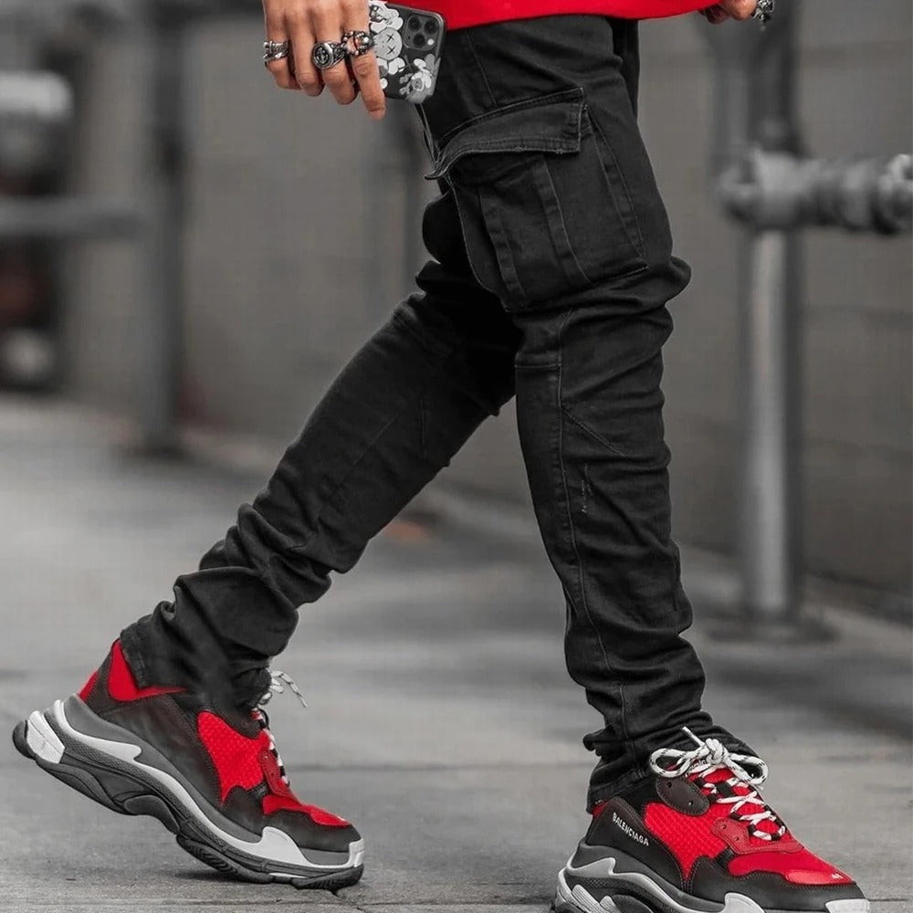 Herr Elastiska Cargo Jeans med Flera Fickor