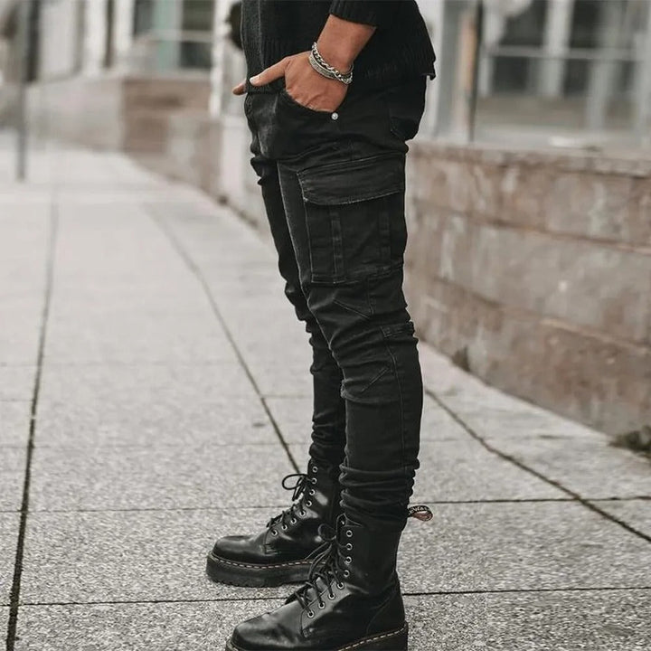 Herr Elastiska Cargo Jeans med Flera Fickor