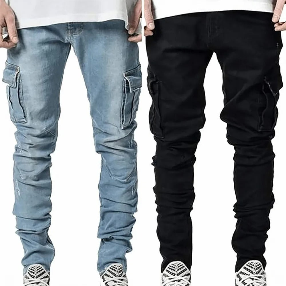 Herr Elastiska Cargo Jeans med Flera Fickor