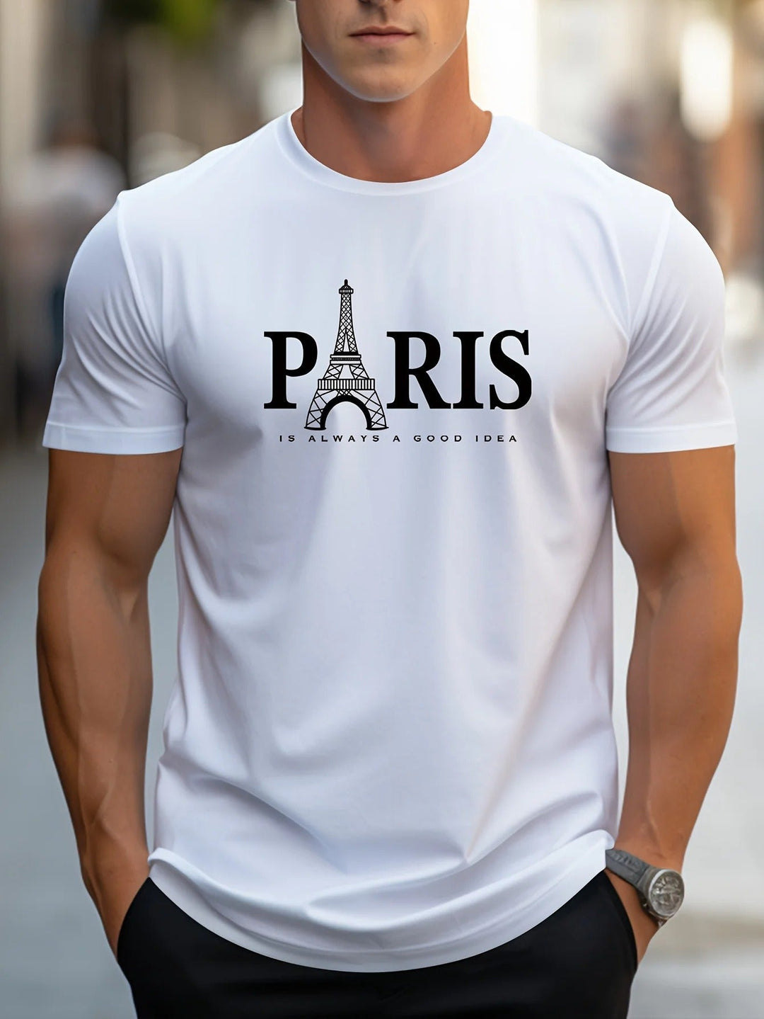 Herr Oversized T-skjorta med Paris-print - Trendig Streetwear