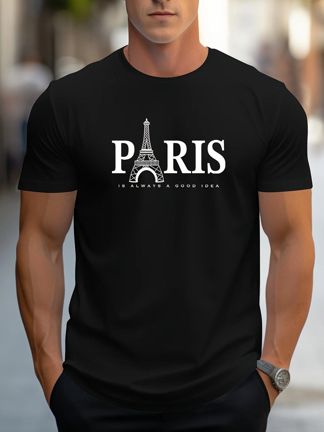 Herr Oversized T-skjorta med Paris-print - Trendig Streetwear