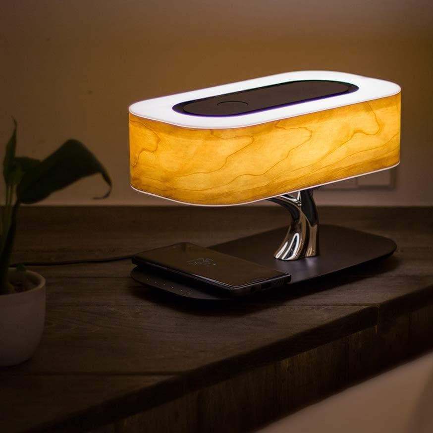 Multifunksjonell Trebordlampe med Trådlös Laddning &amp; Bluetooth-högttaler