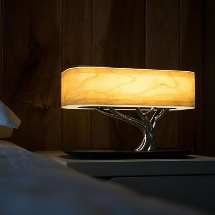 Multifunksjonell Trebordlampe med Trådlös Laddning &amp; Bluetooth-högttaler