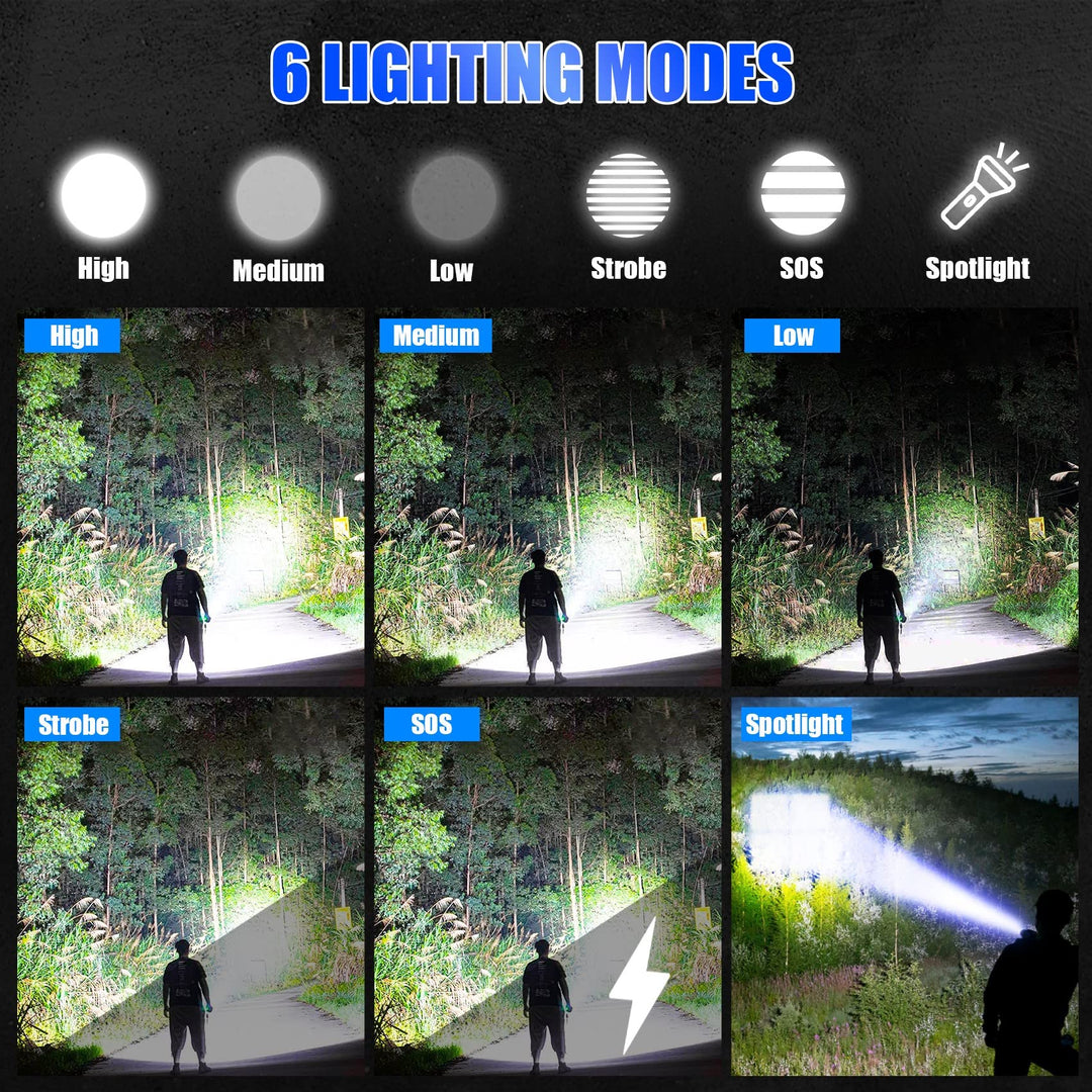 Foleto Uppladdningsbar LED Lommelykt - Vattentät, 100000 Lumen, 5 Moduser