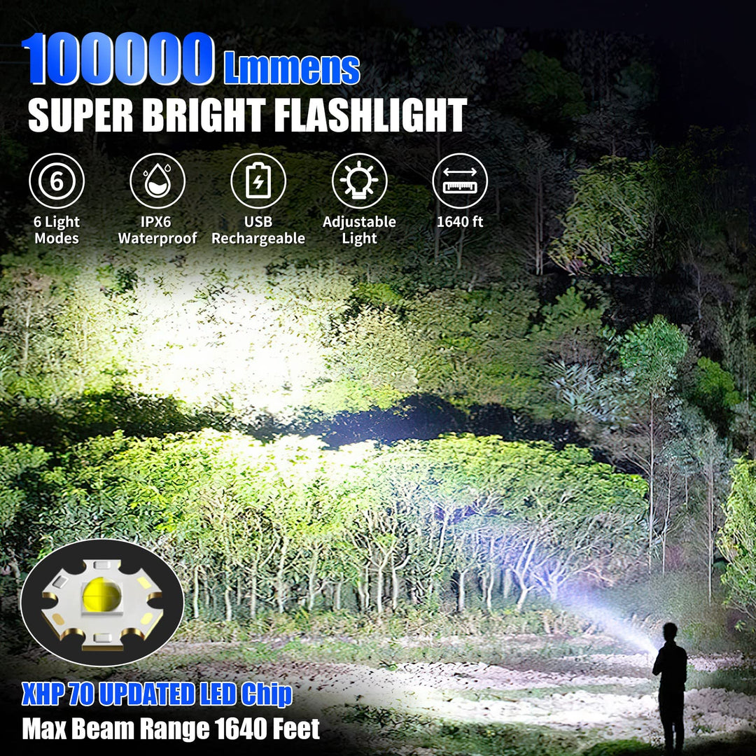 Foleto Uppladdningsbar LED Lommelykt - Vattentät, 100000 Lumen, 5 Moduser