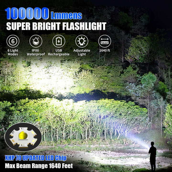 Foleto Uppladdningsbar LED Lommelykt - Vattentät, 100000 Lumen, 5 Moduser
