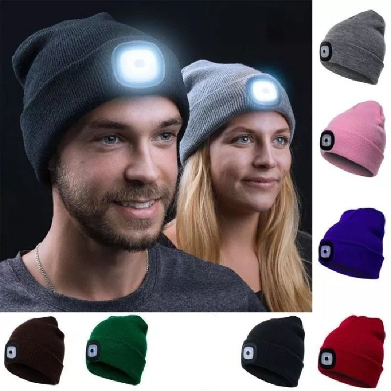 Unisex Uppladdningsbar Stickad Mössa med LED Ljus – Perfekt för Mörka Kvällar