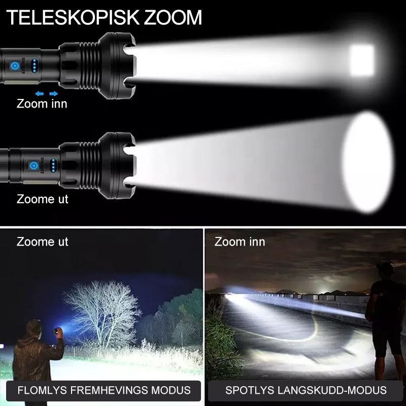 Uppladdningsbar LED Taktisk Lommelykt - 90000 Lumen | Kraftfull Vannbestandig