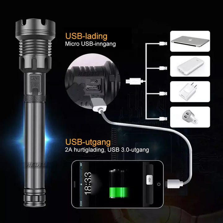 Uppladdningsbar LED Taktisk Lommelykt - 90000 Lumen | Kraftfull Vannbestandig
