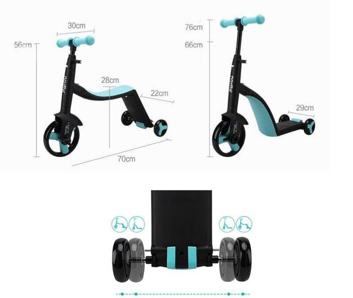 3-i-1 Barnescooter: Balans-, Trehjulssykkel &amp; Sparkesykkel