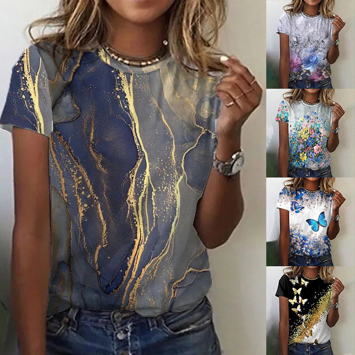 Rund Hals T-skjorta Kvinnor - Blommor &amp; Butterfly Design