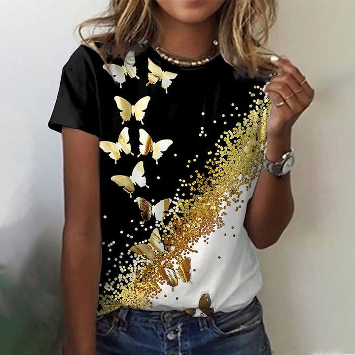 Rund Hals T-skjorta Kvinnor - Blommor &amp; Butterfly Design