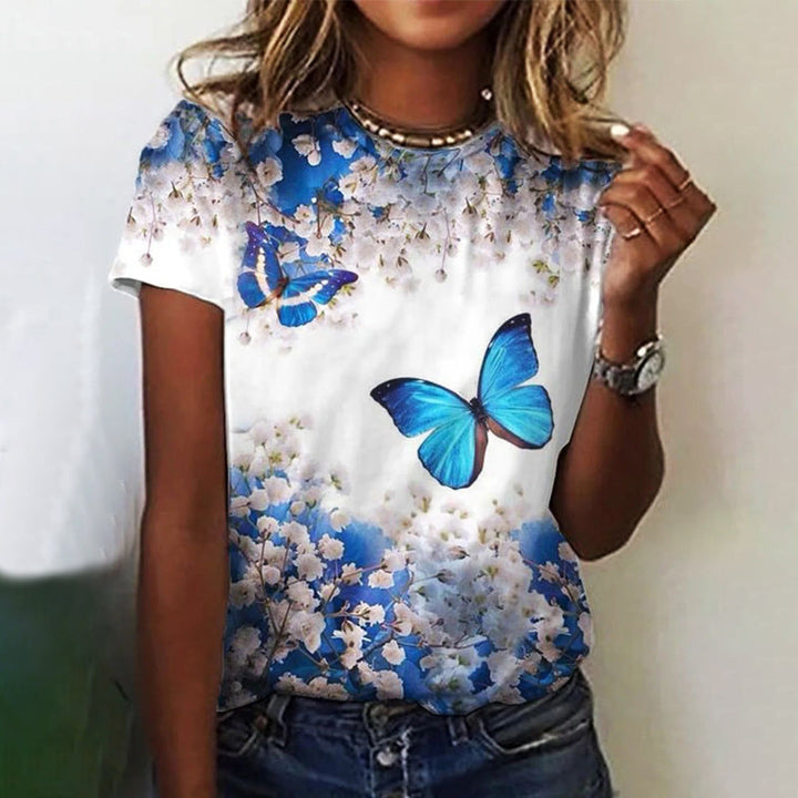 Rund Hals T-skjorta Kvinnor - Blommor &amp; Butterfly Design
