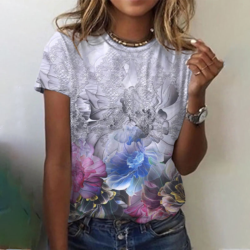 Rund Hals T-skjorta Kvinnor - Blommor &amp; Butterfly Design