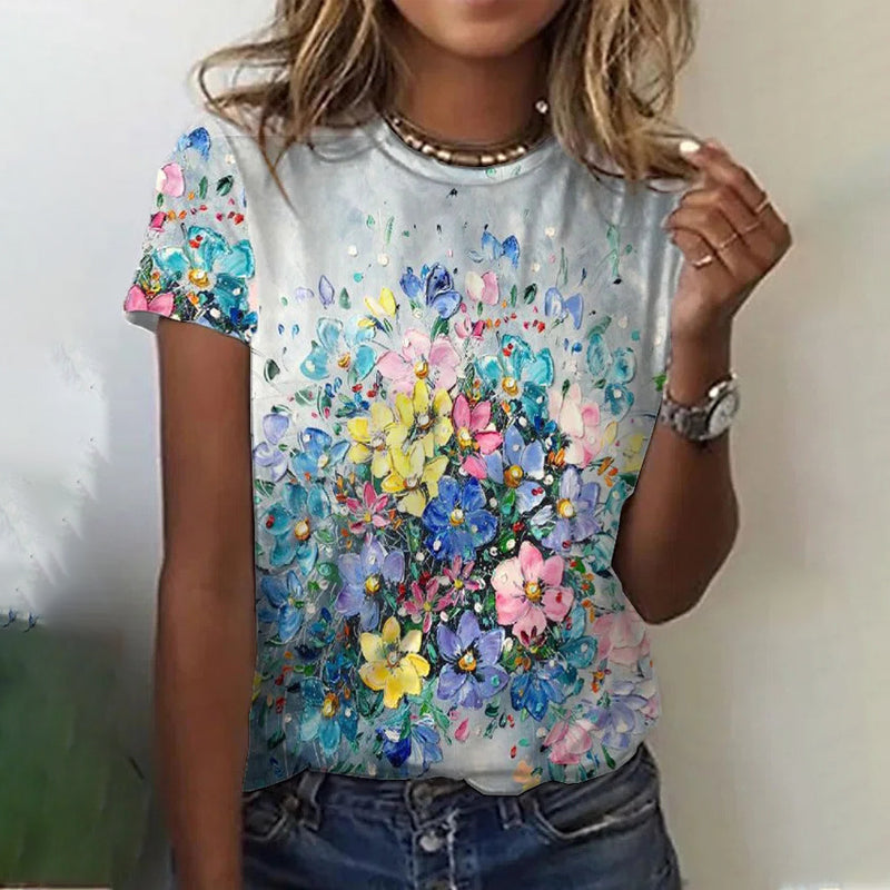 Rund Hals T-skjorta Kvinnor - Blommor &amp; Butterfly Design