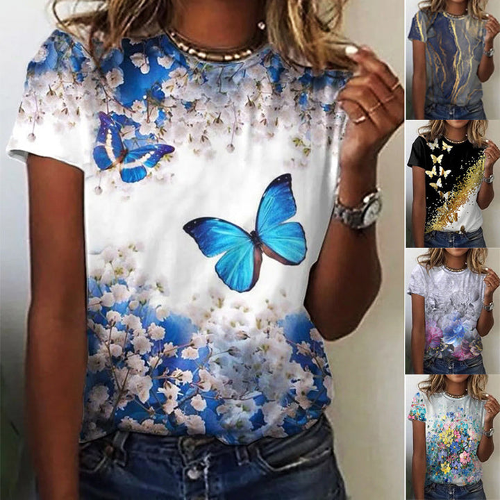 Rund Hals T-skjorta Kvinnor - Blommor &amp; Butterfly Design