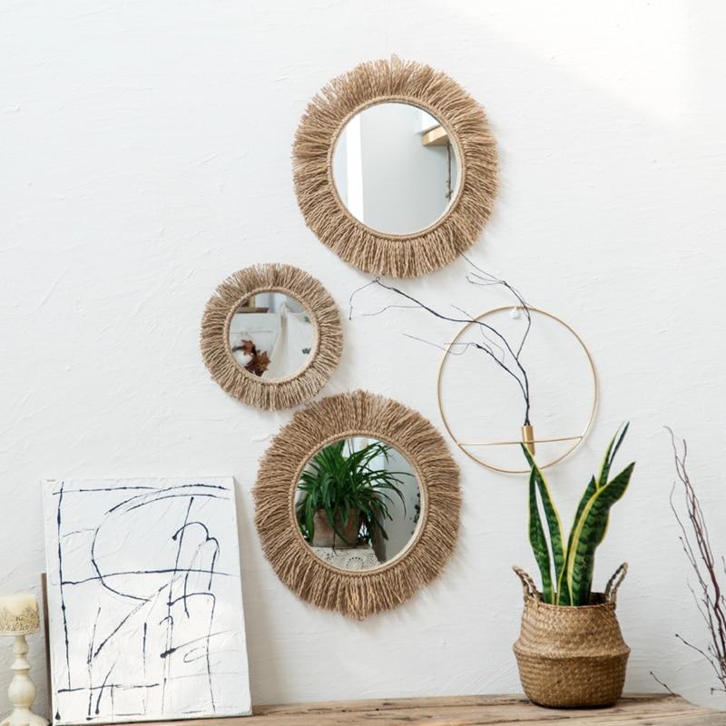 Dekorativt Veggspeil i Boho Stil med Hampetau