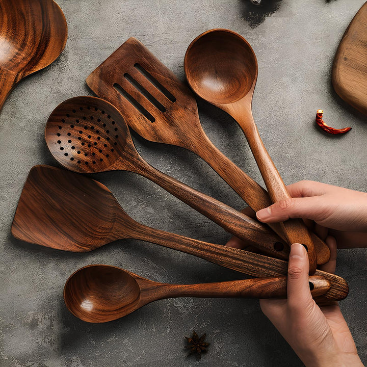 Kökredskap Set - 5 st i Naturlig Teak | Teak Kökverktöy