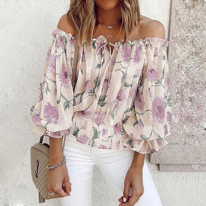 Snygg Dam Blomstret Blus med Volanger och Off-Shoulder