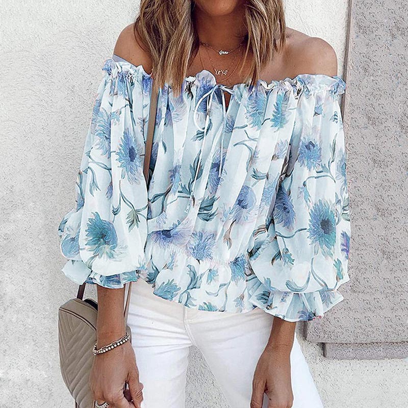 Snygg Dam Blomstret Blus med Volanger och Off-Shoulder