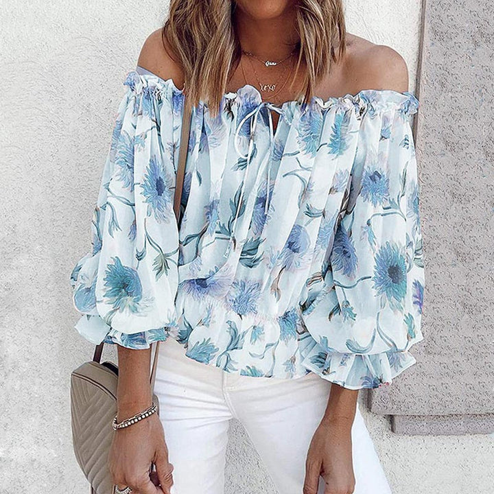 Snygg Dam Blomstret Blus med Volanger och Off-Shoulder