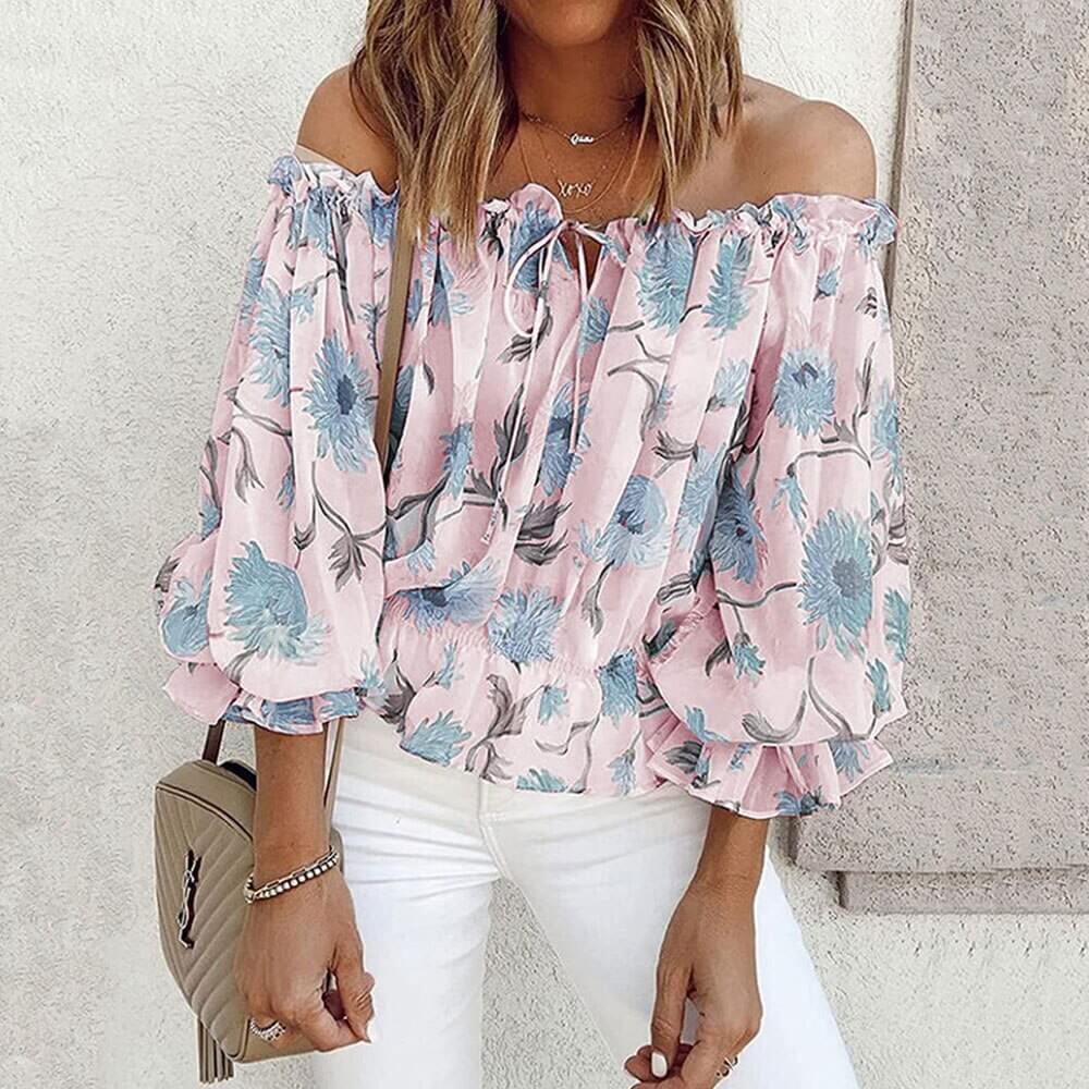 Snygg Dam Blomstret Blus med Volanger och Off-Shoulder