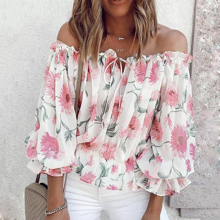 Snygg Dam Blomstret Blus med Volanger och Off-Shoulder