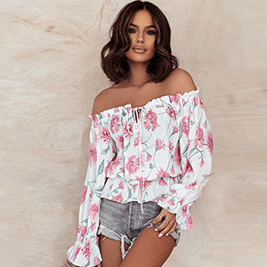 Snygg Dam Blomstret Blus med Volanger och Off-Shoulder