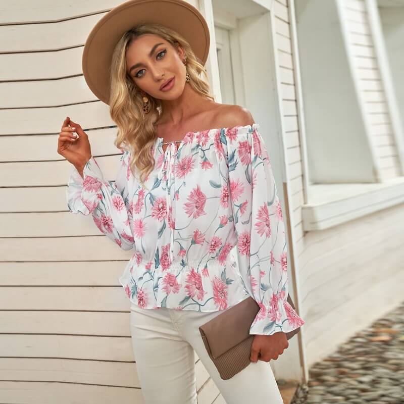 Snygg Dam Blomstret Blus med Volanger och Off-Shoulder