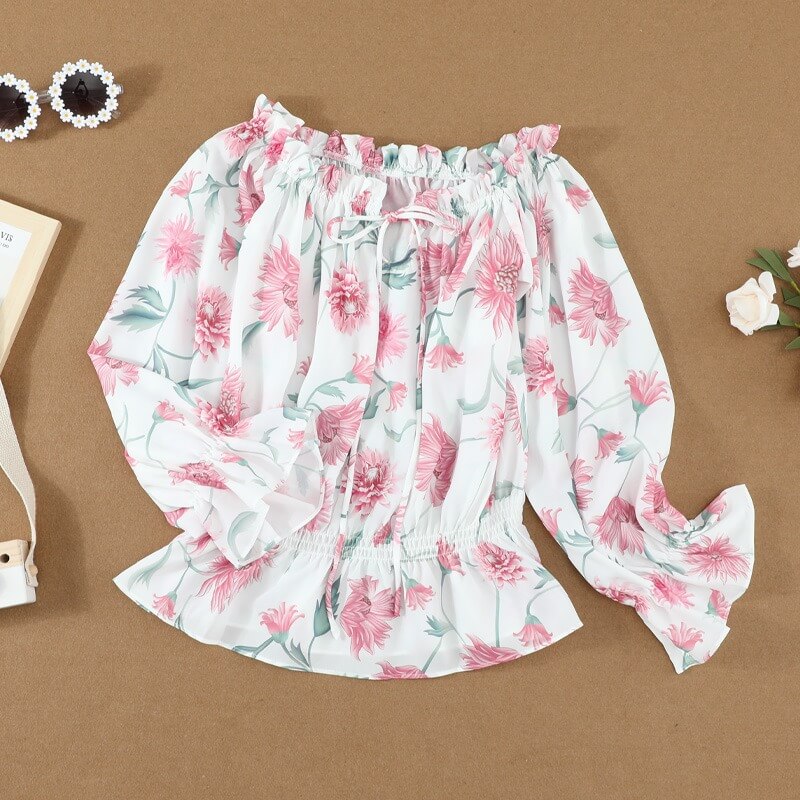 Snygg Dam Blomstret Blus med Volanger och Off-Shoulder