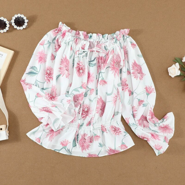 Snygg Dam Blomstret Blus med Volanger och Off-Shoulder