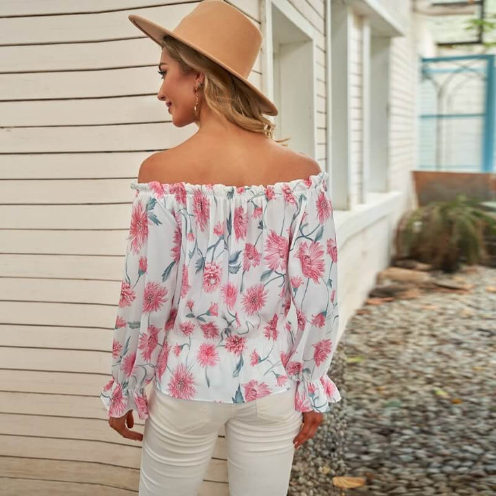 Snygg Dam Blomstret Blus med Volanger och Off-Shoulder