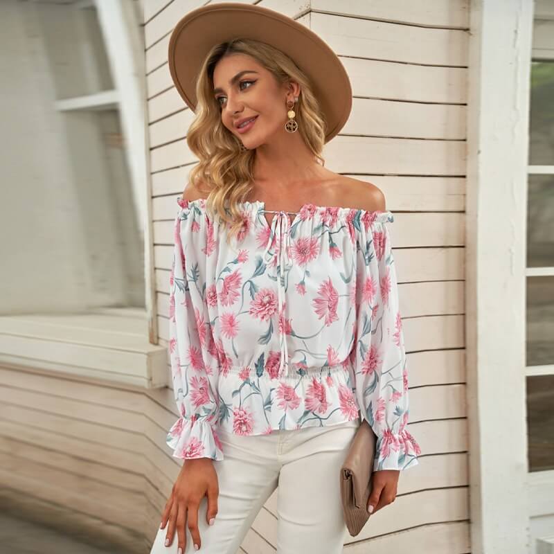 Snygg Dam Blomstret Blus med Volanger och Off-Shoulder