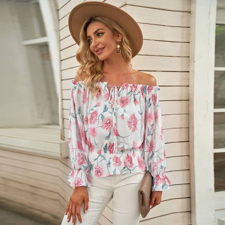 Snygg Dam Blomstret Blus med Volanger och Off-Shoulder