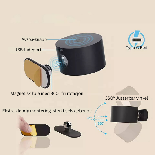 360° Vägglampa - USB Uppladdningsbar | Trådlös &amp; Enkel att Montera