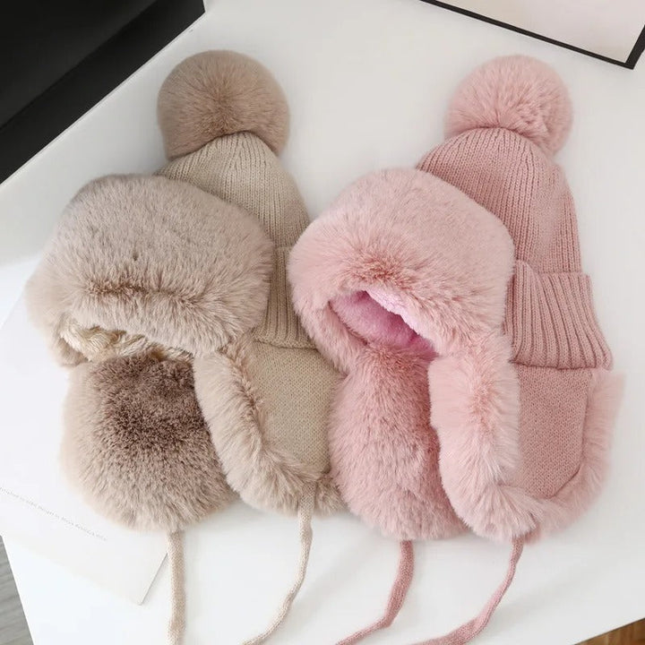 Unisex Vinter Trapper Mössa med Öronlappar och Pels Pompong