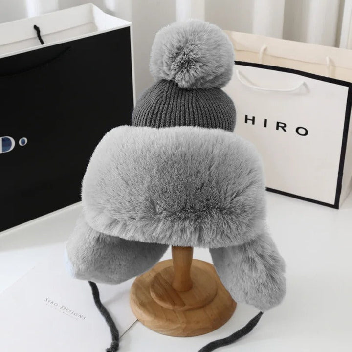 Unisex Vinter Trapper Mössa med Öronlappar och Pels Pompong