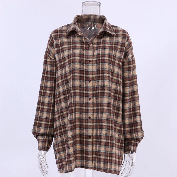 Dam Vintage Rutig Långärmad Blus – Tidlös Stil och Komfort